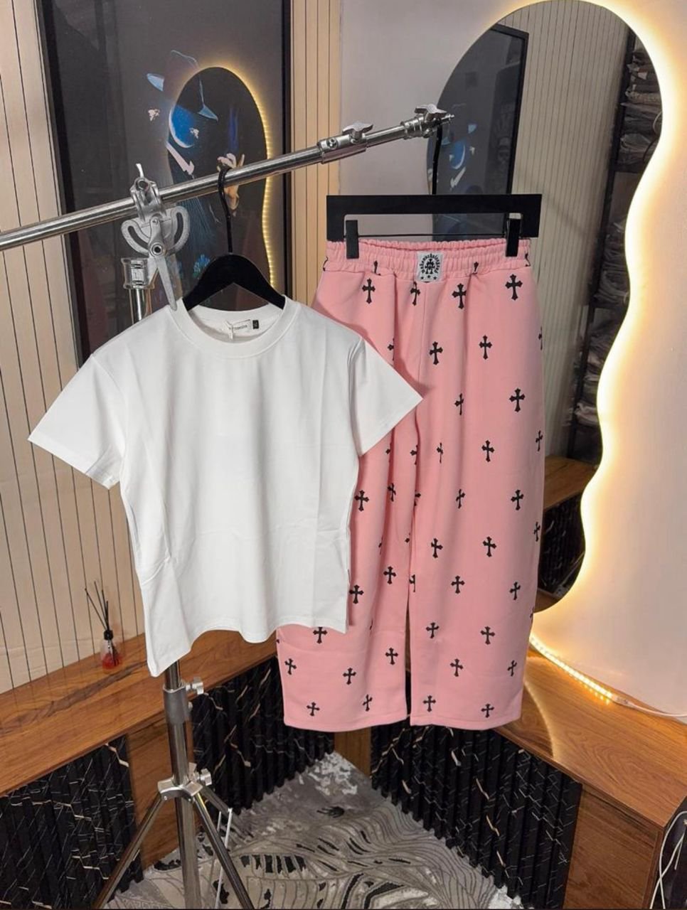 Chrome Hearts Inspired Streetwear Set – Pink Cross Motif Sweatpants & Essential White Tee