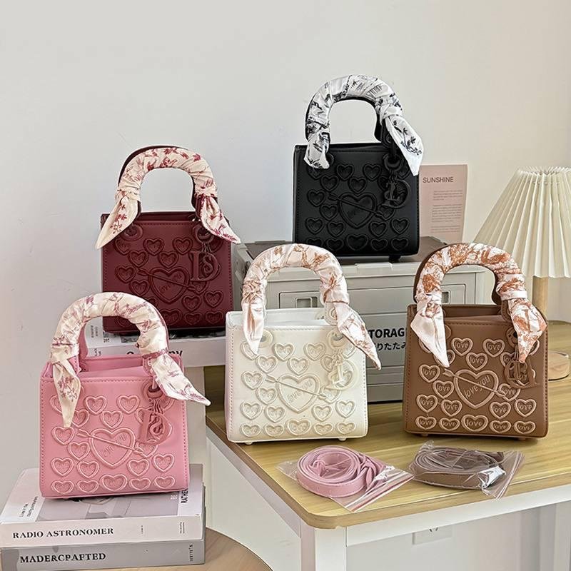 Luxury Heart-Embossed Scarf Handle Bag – Elegant 2-Way Mini Tote